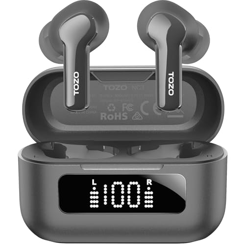 TOZO NC2 Hybrid Active Noise Cancelling Wireless Earbuds, in-Ear Detection Headphones, IPX6 Waterproof Bluetooth 5.3 Stereo Earphones, Immersive Sound Premium Deep Bass Headset, Black