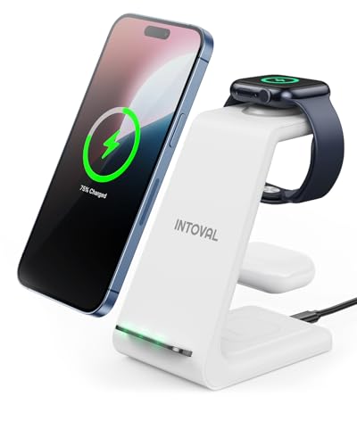 Intoval 3 in 1 Wireless Charging Station for iPhone and Apple Watch,Fast Wireless Charger Stand,Compact Desk Charging Dock for iPhone17 16 15 14 13/Pro/Max, iWatch11 10 9 Ultra/SE 3/4,AirPods
