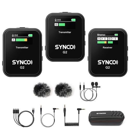 SYNCO Wireless Lavalier Microphone G2(A2), 2.4G Dual Channel Lapel Microphone for Vlogging, Streaming, YouTube, DSLR, Smartphone, Tablet - Compact, Long Battery Life