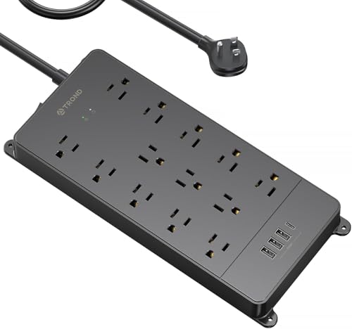TROND Power Strip Surge Protector 10 ft Cord, 4000 Joules, ETL Listed, 13 Widely-Spaced Outlets Expansion with USB C Ports, Low-Profile Flat Plug, Wall Mount, Extension Cord, 14AWG Heavy Duty, Black