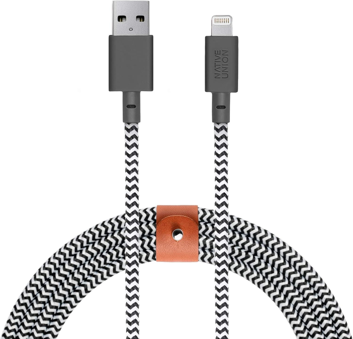 Native Union BELT Cable XL - 10ft Ultra-Strong Reinforced [MFi Certified] Durable Lightning to USB Charging Cable with Leather Strap compatible with iPhone 14, iPhone 13, iPhone 12 and Earlier (Zebra)