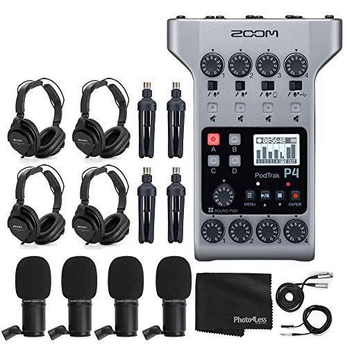 Zoom PodTrak P4 Portable Multitrack Podcast Recorder + 4X Zoom M-1 Mic + 4X Headphones + Windscreens + XLR Cables + 4X Tabletop Stand + Cloth  4 Person Podcasting Mic Pack Bundle