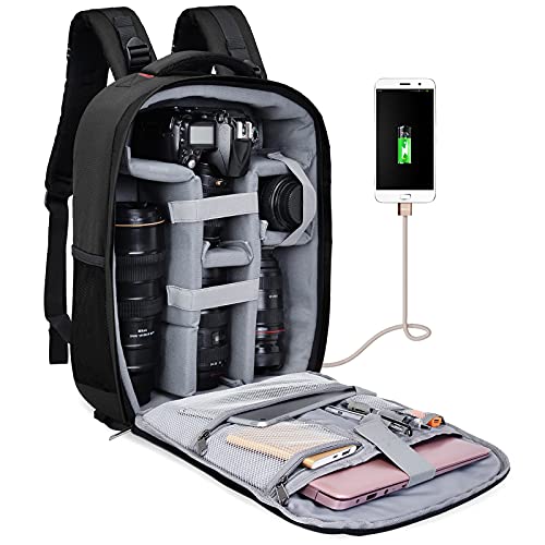 Cwatcun Camera Backpack Professional DSLR Bag with USB Charging Port Rain Cover, Photography Laptop Backpack for Women Men Waterproof, Camera Case Compatible for Sony Canon Nikon Lens Tripod (Black)