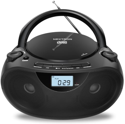 Portable CD Player Bluetooth Boombox with AM/FM Radio, USB, AUX-in, Headphone Jack, CD-R/RW & MP3-CD Compatible, Stereo Sound with Bass Boost, AC/Battery Operated  Black