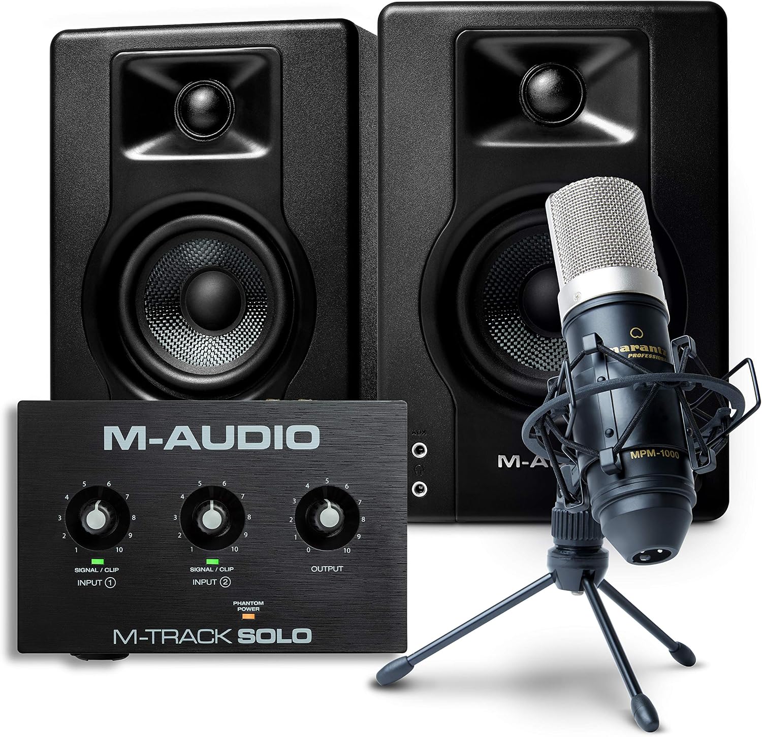M-Audio Recording, Streaming and Podcasting Bundle  M-Track Solo USB Audio Interface, BX3 Stereo Speakers and Marantz MPM-1000 Condenser Microphone