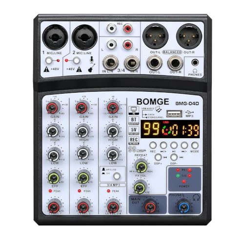 BOMGE 04D portable bluetooth 4 Channel DJ audio sound mixer mixing console with usb interface, 48V Phantom Power input, 16 Echo effects for recording, live streaming, singing (Black)