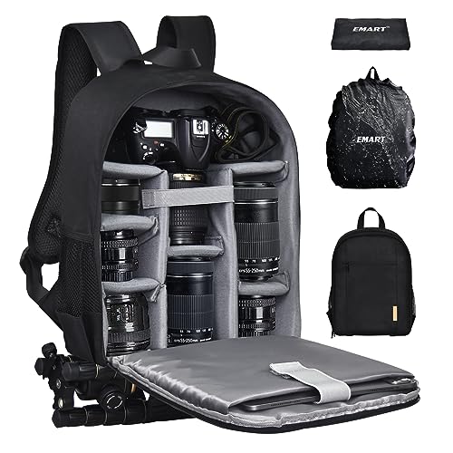 EMART Small Camera Backpack Bag Professional with Waterproof Rain Cover for SLR/DSLR Mirrorless Accessories, Photography Cases for Sony Canon Nikon, Tripod, 13" Laptop