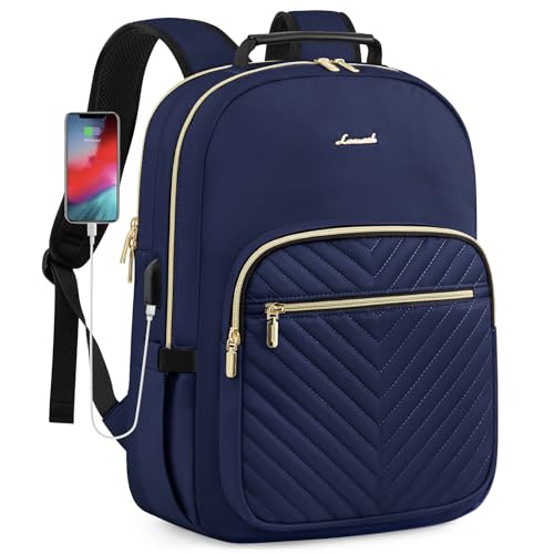LOVEVOOK Laptop Backpack Purse for Women, Work Business Travel Computer Bags, College Nurse Backpack for Womens, Quilted Casual Daypack with USB Port, Fit 15.6 Inch Laptop, Navy