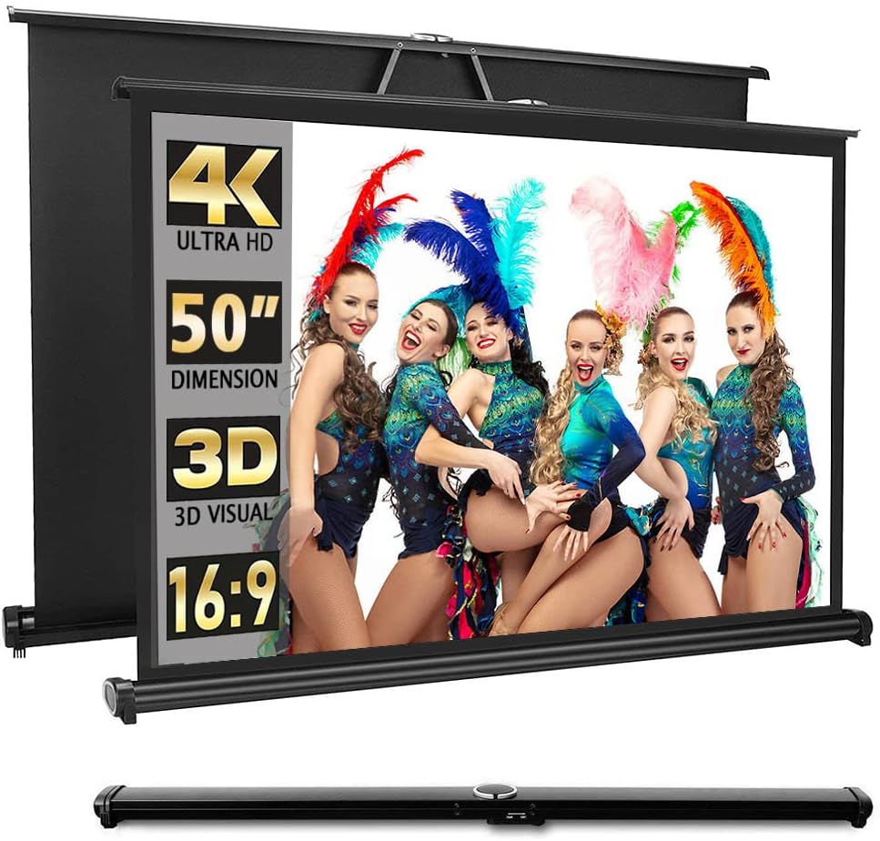New Portable Mobile 50 Inch Projector Screen Pull Down, 16:9 Projector Screen Retractable Tabletop Screen Tripod Stand for Home Theater Meeting Room, School Indoor Outdoor Ceiling Wall Mount Upgrade
