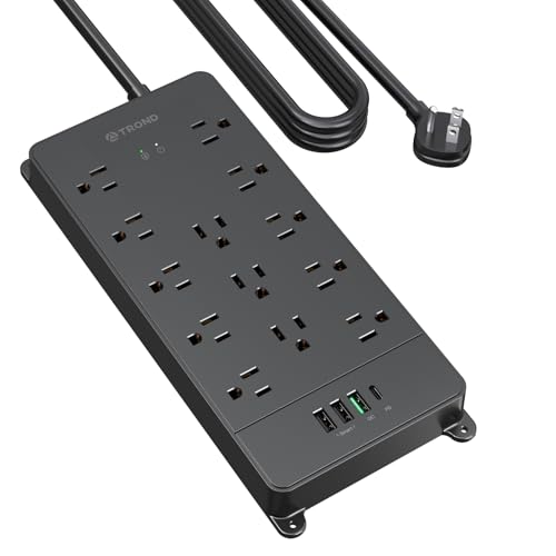 TROND Surge Protector Power Strip, 10ft Heavy Duty Extension Cord with 32W USB C & QC 3.0 Charger, 4000J, ETL Listed, 13 Wide Spaced Outlets, Flat Plug, Wall Mount for Home Office Supplies, Black
