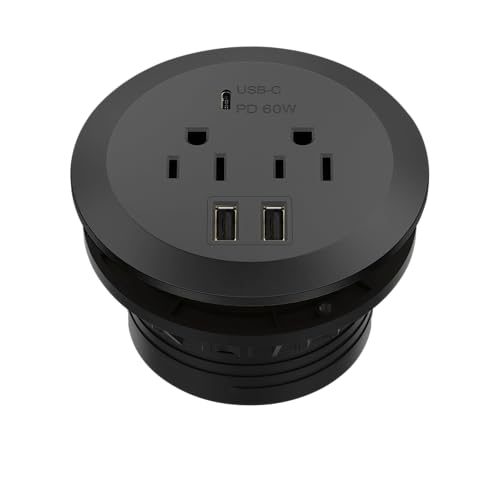 TOPGREENER Desktop Power Grommet with 65W PD Fast Charging USB C, GaN Desk Grommet for MacBook, 2 USB-A Ports and Duplex Receptacles, 3 Diameter Power Grommet, TTRP48APD60-BK, Black