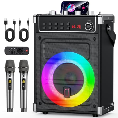 JYX Karaoke Machine with 2 Wireless Microphones, Portable Bass/Treble Bluetooth Speaker with LED Light, Support TWS, AUX in, FM, REC PA System with Remote Control, Supply for Party/Adults/Kids