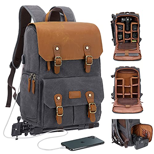 JAEP Camera Backpack - Weather Resistant 16 Ounces Waxed Memory Canvas DSLR SLR Backpacks with 15.6 laptop sleeve compartment and Tripod Holder for Photographers -Vintage leather Style (Dark Grey)