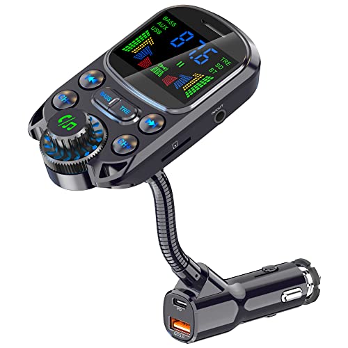 Bluetooth FM Transmitter for Car 1.5" Color Screen Display Wireless Handsfree Radio Transmitter Car Charger Adapter Support TF Card USB Flash Drive 48W PD/ QC3.0 Dual USB Charging (Black)
