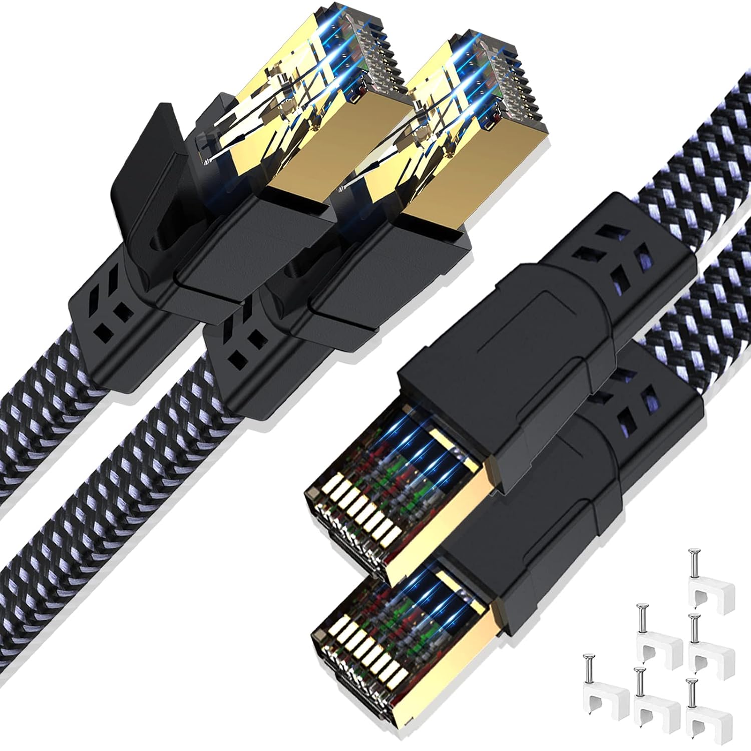 Cat 8 Ethernet Cable 30ft 2-Pack, Nylon Braided Flat High Speed 40Gbps 2000MHz Patch Cord SFTP RJ45 (SWECENT)