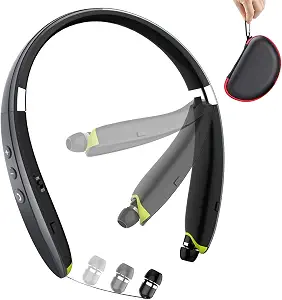 BEARTWO Bluetooth Headphones, Upgraded Foldable Wireless Neckband Headset with Retractable Earbuds, Noise Cancelling Stereo Earphones with Mic for Workout, Running, Driving (with Carry Case)