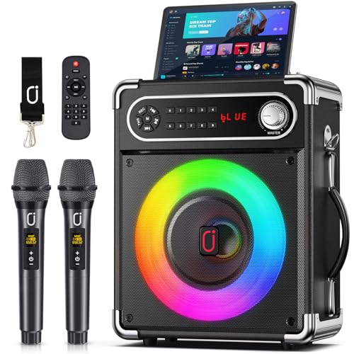 JYX Karaoke Machine with Two Wireless Microphones, Portable Bluetooth Speaker with Bass/Treble Adjustment, PA System with Remote Control, LED Lights,Supports TF Card/USB, AUX IN, FM, REC,TWS for Party