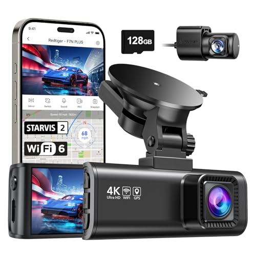 REDTIGER 4K Dash Cam Front Rear, STARVIS 2 Sensor, 128GB Card Included, 5.8GHz WiFi-20MB/s Fast Download, Dash Camera for Cars with GPS, WDR Night Vision, 170Wide Angle, 24H Parking Mode(F7NP)