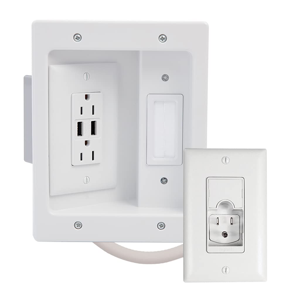 Legrand - OnQ In Wall Cable Management Kit Hides All Cords, TV Power Kit Works with All TV Power Plugs, In Wall TV Power Kit Supports 5.1 Speaker System, Recessed TV Outlet, White, CPU306WV1
