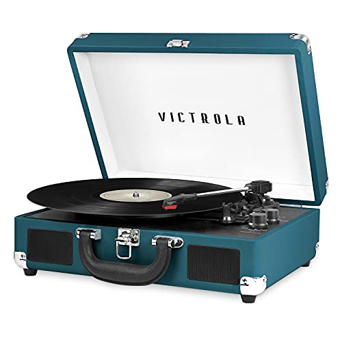 Victrola Journey Bluetooth Portable Suitcase Record Player  with Built-in Speakers, 3 Speed Vinyl Record Player, RCA Out, Headphone Jack (Blue Coral)