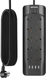 WANDOFO 15ft Extra Long Cord Power Strip Surge Protector, 5V 3.4A Smart USB Outlet Strip, 10 Widely Spaced Outlets, Low Profile Flat Plug, Wall Mountable, Ideal for Home Office, Black