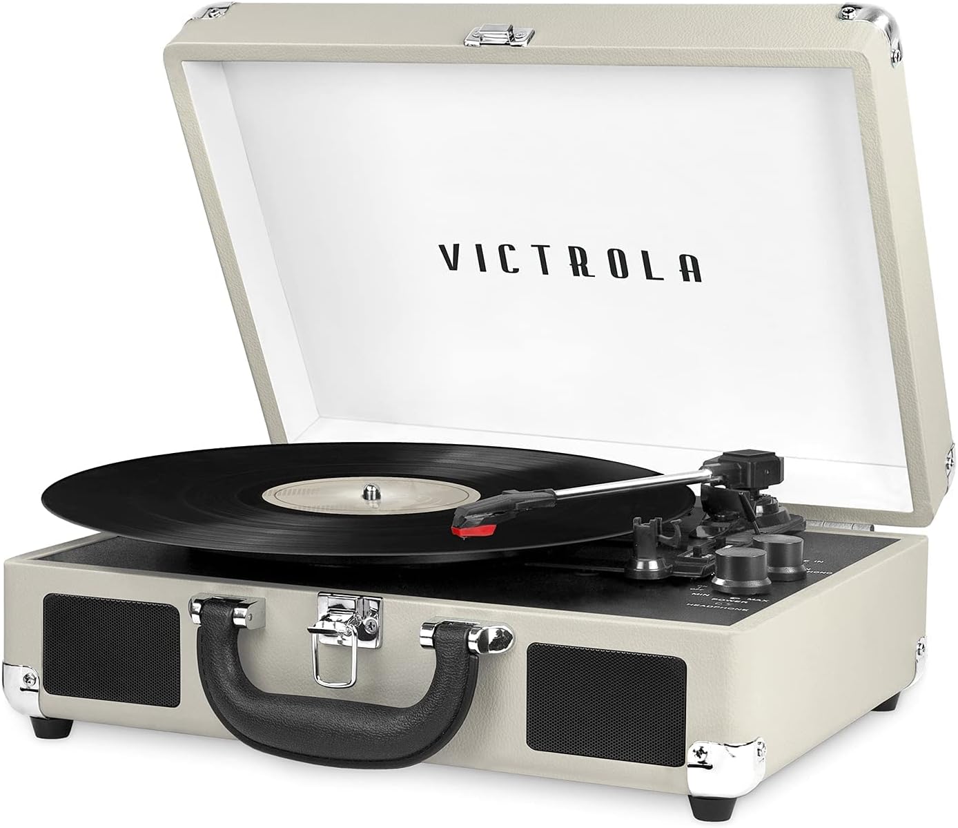 Victrola Journey Bluetooth Portable Suitcase Record Player  with Built-in Speakers, 3 Speed Vinyl Record Player, RCA Out, Headphone Jack (Light Grey)