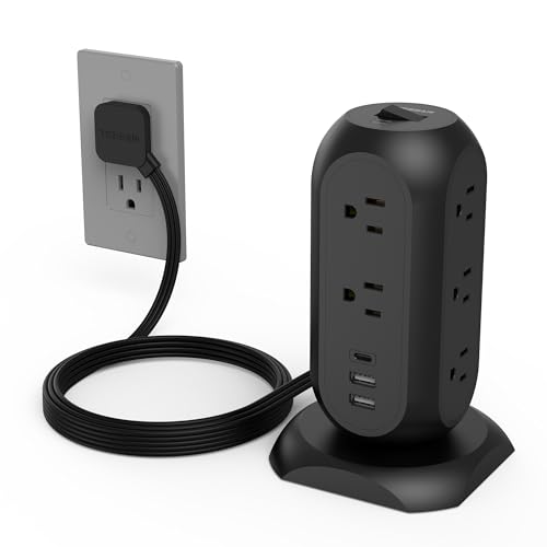 TESSAN Surge Protector Power Strip Tower with 3 USB Ports 11 Outlets, 1875W/15A, Black Extension Cord 6 Feet, 1050J Protection Desktop Charging Station for Office School Dorm Room Essentials