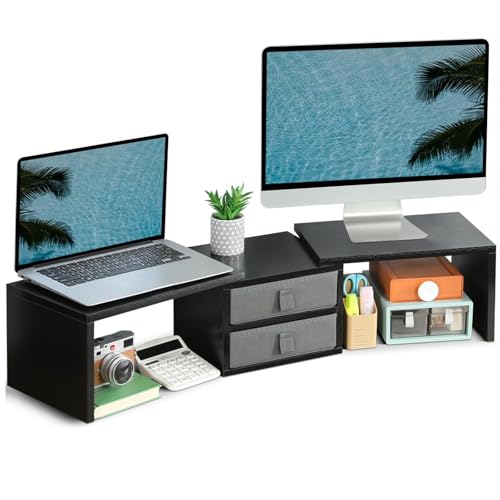 TEAMIX Dual Monitor Stand Riser with 2 Drawers-Length and Angle Adjustable 3 shelf Monitor Riser with Storage Desk Organizer Large Computer Monitor Stand for 2 Monitors/Laptop/PC,Wood Screen/TV Stand