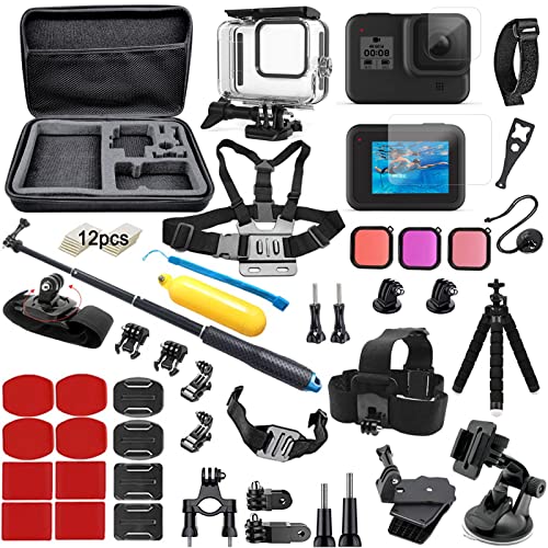 Accessories Kit Compatible with Gopro Hero 8 Black Accessory Bundle Waterproof Housing Case Filter Protector Lens Screen Tempered Glass Head Chest Strap Bike Car Mount Set for Gopro Hero8