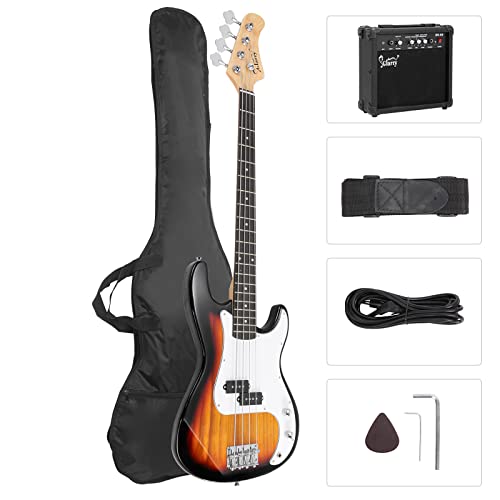 GLARRY Full Size Electric Bass Guitar with 20W AMP, 4 String Beginner Starter Kit with Accessories including Cable, Strap, Bag for Kids and Adults (Sunset)
