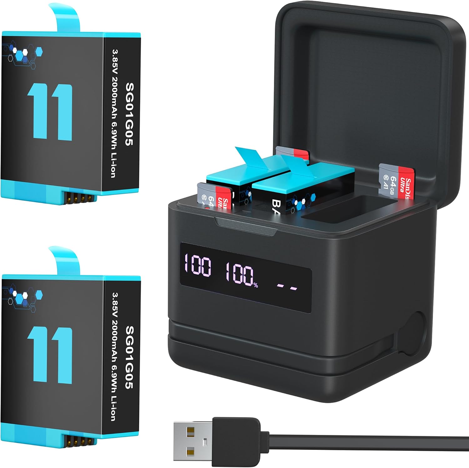 2000mAh Hero 12/11/10/9 Battery 2-Pack and 3-Channel USB Charger with High Speed Micro SD Card Reader Function (Fully Compatible with Gopro Hero 12 11 10 9 Black Official)