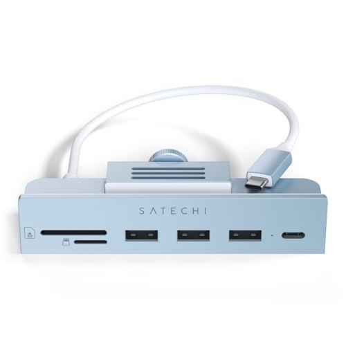 Satechi Clamp Hub USB-C  USB-C Data Port, USB-A 3.0 Data Ports, Micro/SD Card Reader  for Apple Studio Display and 24-inch iMac M1 2021. Not Compatible with 2020 and Earlier iMac Models (Blue)