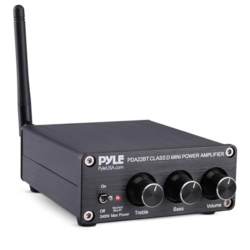 Pyle Compact Powerful Home Audio Amplifier Receiver Mini with Bluetooth 5.0 Desktop Blue Series 2 x 100 Watt for Home Speakers w/Bass &Treble Control - PDA22BT