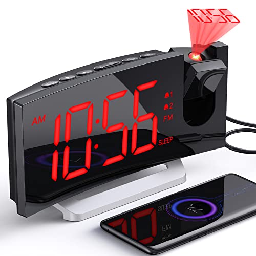 Projection Alarm Clock with FM Radio, USB Charging Port, 0-100% Dimmer, Dual Alarms, HD LED Display, 30 Preset Stations, Sleep Timer, 5 Alarm Sounds, Snooze, Curved Screen, Digital Clock for Bedroom