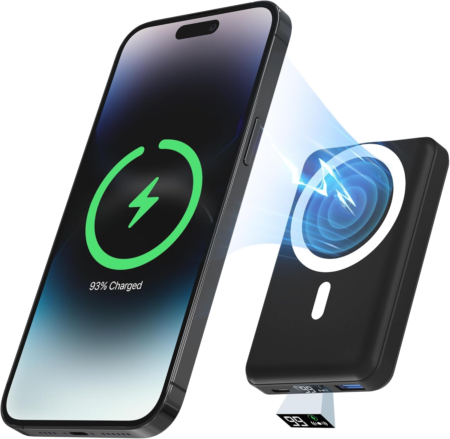 podoru for Magsafe Battery Pack, 10000mAh Magnetic Power Bank with Type-C Cable LED Display 22.5W PD Fast Charging Wireless Portable Charger for iPhone 16/15/14/13/12 Series-Black