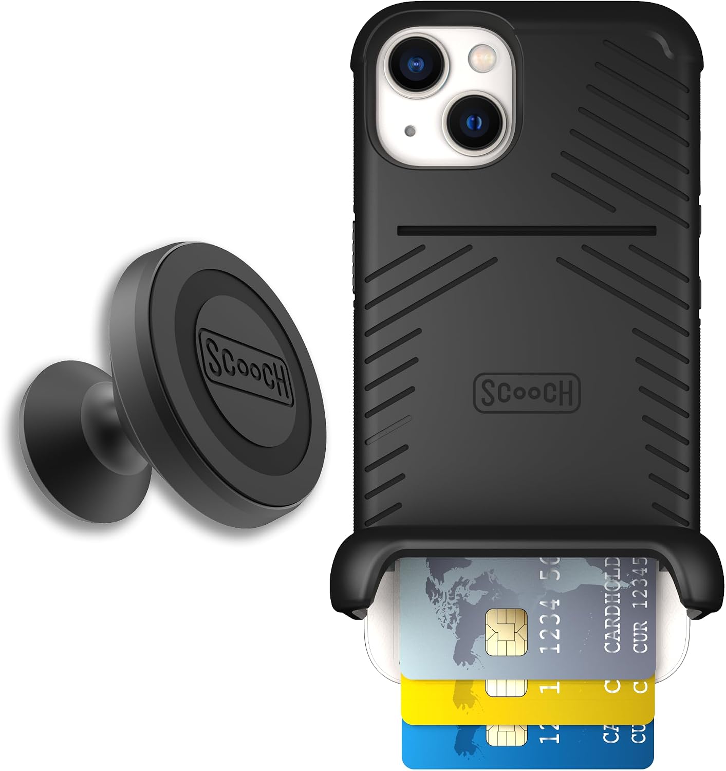 Scooch for iPhone 13 Case with Card Holder, Wingmate Wallet Case Black, Bundled with Wingmount Magnetic Car Mount