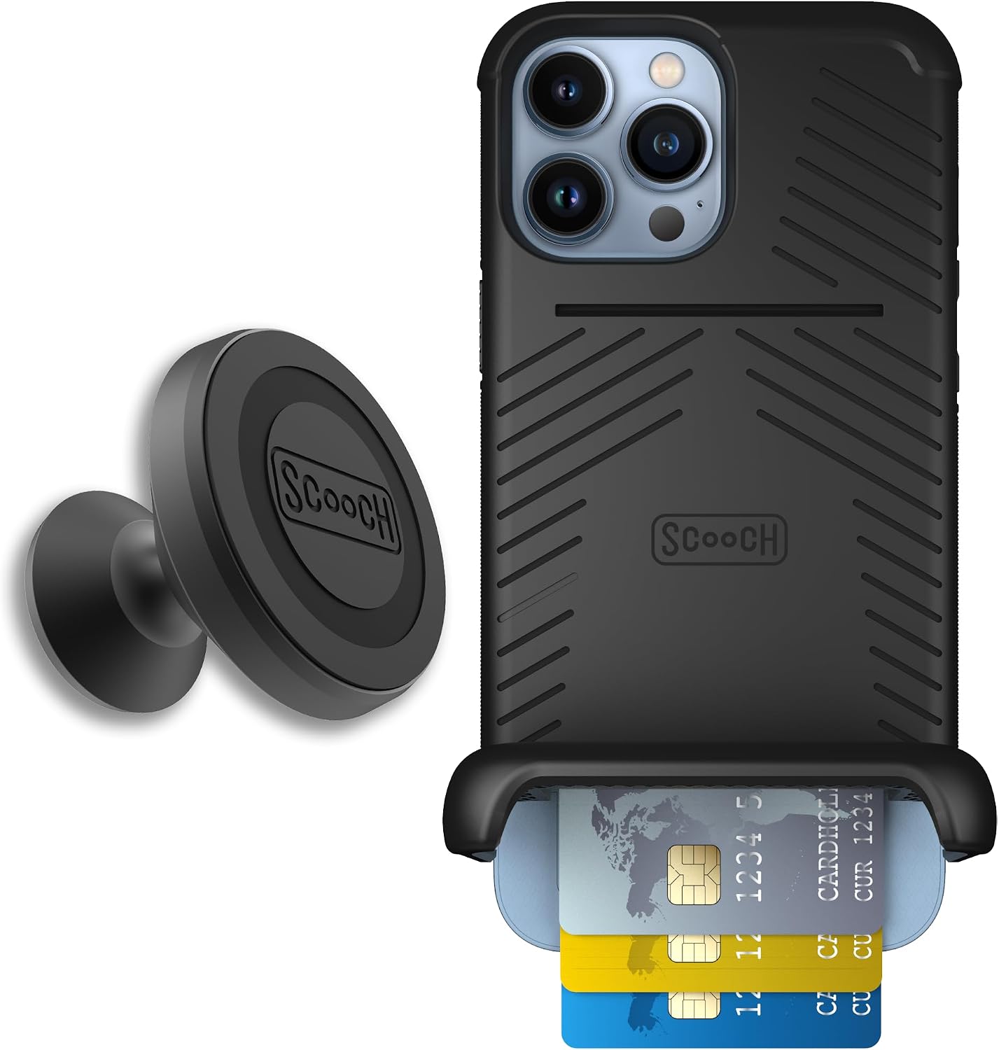 Scooch for iPhone 13 Pro Max Case with Card Holder, Wingmate Wallet Case Black, Bundled with Wingmount Magnetic Car Mount