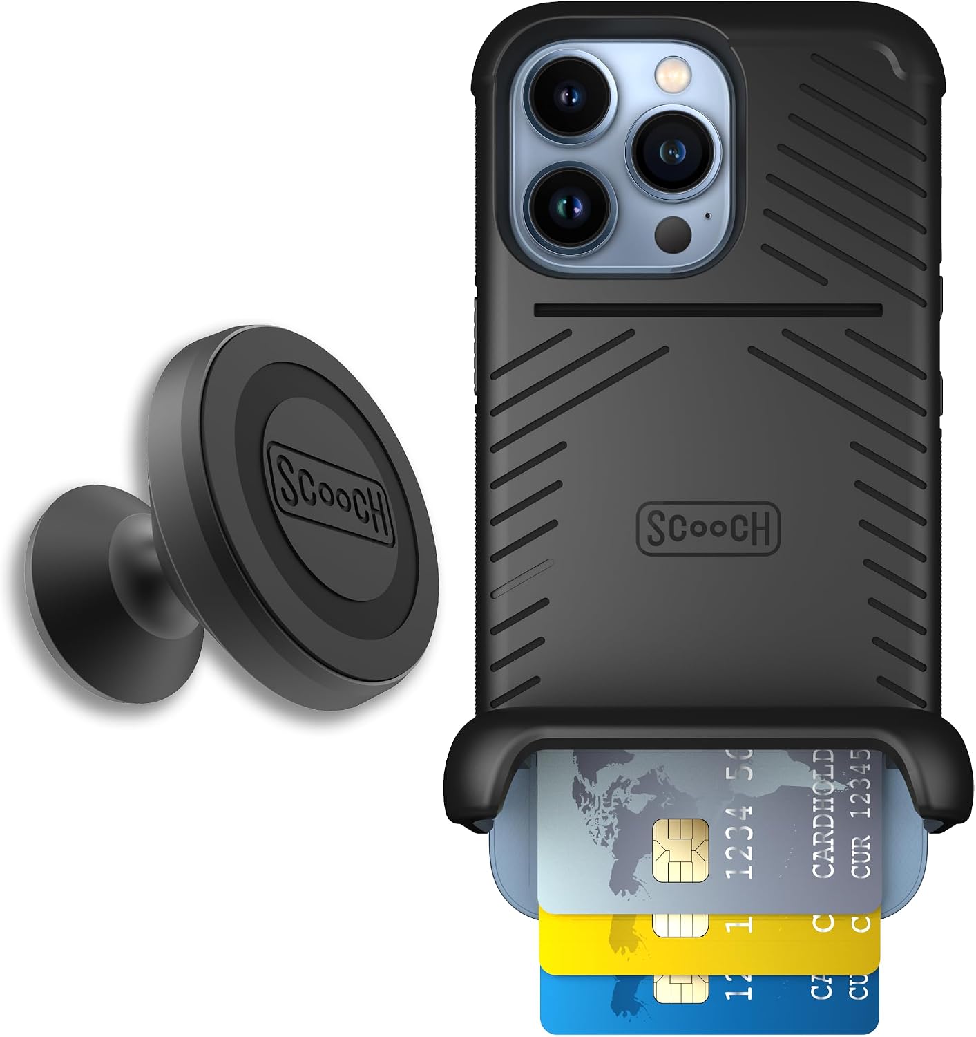 Scooch for iPhone 13 Pro Case with Card Holder, Wingmate Wallet Case Black, Bundled with Wingmount Magnetic Car Mount