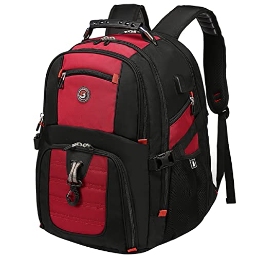 SHRRADOO Extra Large 50L Travel Laptop Backpack with USB Charging Port, College High School Backpack Airline Approved Business Work Bag Fit 17 Inch Laptops for Men Women,Red