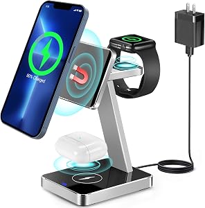 Aluminum Alloy 3 in 1 Magnetic Wireless Charger,15W Fast Wireless Charging Station Compatible with MagSafe Charger Stand iPhone 15 14 13 12 Pro/Pro Max/Mini/Plus,Apple Watch Ultra/S9/8/7/SE/6,Airpods