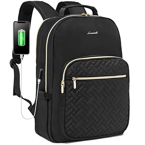 LOVEVOOK Laptop Backpack for Women, Stylish Quilted Backpacks Purse for Business Work Travel, Computer Bags Bag, with USB Port fits 15.6-inch Laptop, Black