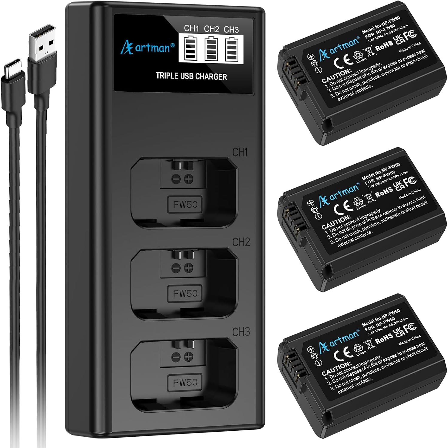 Artman NP-FW50 3-Pack + 3-Slot Charger