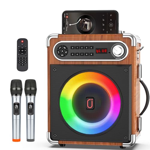 Bluetooth Speaker with Two Wireless Microphones, Outdoor Speaker with Subwoofer/Tweeter, Portable PA Speaker System with Remote Control, Discol Lights, FM, REC for Home, Party