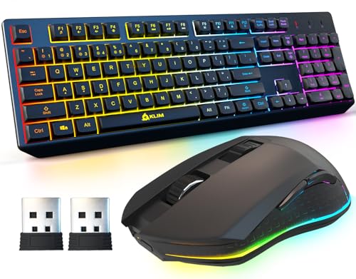 KLIM Chroma Wireless Keyboard and Mouse  RGB Backlit Gaming Combo, Rechargeable Wireless Keyboard & RGB Mouse, Durable & Ergonomic, Dual USB Receivers, Compatible with PC, Mac, PS4, PS5