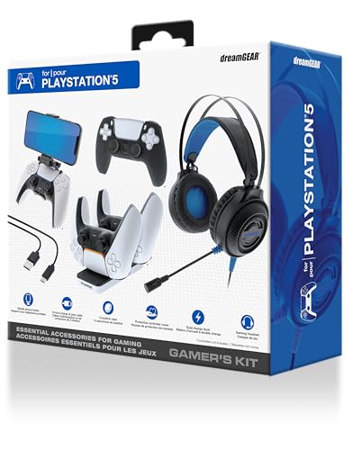 dreamGEAR Gamers Kit Charger for PlayStation 5: Dualsense Gaming Headset with 50mm Drivers, PS5 Controller Chargers, Adjustable Phone Mount, USB-C Cable, Protective Cover and Caps