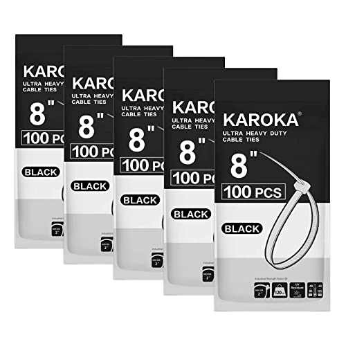 Zip Ties Heavy Duty 8 inch with 120 Pounds Tensile Strength, Black Heavy Duty Cable Ties, 500 Pack, by Karoka