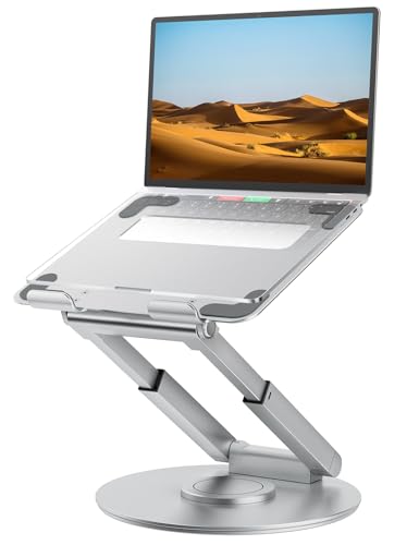 tounee Telescopic Laptop Stand for Desk with 360 Swivel Base, Sit to Stand, Height Adjustable, Portable Riser Holder for All Laptops 10-17"-Silver