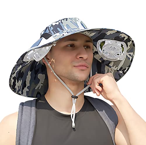 Mens Sun Hat with 2 Fan, Summer Cooling Wide Brim Bucket Hat, Beach Hat Garden Hat, Solar + USB Dual Power Supply