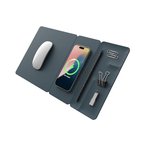 POUT H3 SplitMax 3-in-1 Wireless Charging Mouse Pad  Fast Qi Charger, Mousepad Mat, and Magnetic Tray Organizer  Compatible with Smartphones and Earbuds (Aqua Blue)