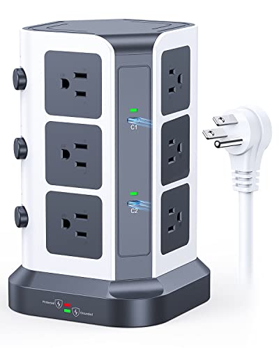 KOOSLA [65W] PD Power Strip Tower Surge Protector, USB C Desktop Charging Station with 12 Widely Spaced AC Outlets / 2 USB-C / 3 USB-A Ports, 6.5ft Heavy-Duty Extension Cord for Home Office Dorm...